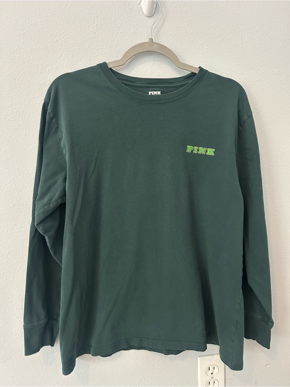 PINK Victoria's Secret Dark Green Campus Long-Sleeve shirt with Lime Logo